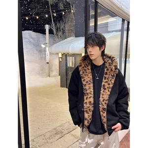 美式覆古豹纹毛领耳朵座山雕连帽棉服男冬季宽松加厚保暖棉衣外套图片