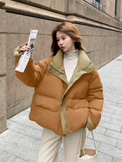 撞色拼接羽绒服外套女2025冬新款高级设计感白鸭绒短款立领面包服，女装羽绒服，浙宝192（原082）