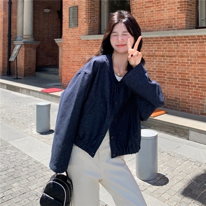 藏青色圆领慵懒风短款外套女2025秋季设计感简约气质百搭夹克上衣图片