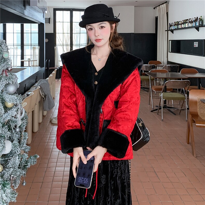 25冬季新年红皮毛拼接新中式鹅绒羽绒服2B082-2276-p365k548,女装羽绒服,2B082