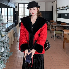 25冬季新年红皮毛拼接新中式鹅绒羽绒服2B082-2276-p365k548，女装羽绒服，2B082