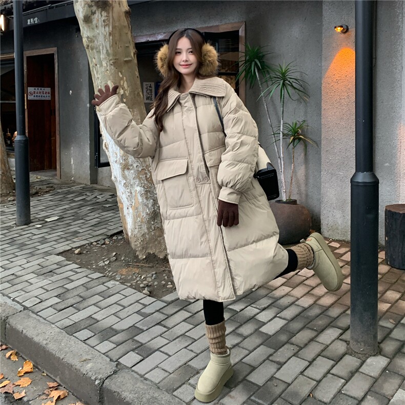 米白色松弛感针织拼接翻领长款羽绒服女2025冬季新款加厚保暖外套,女装羽绒服,2C159