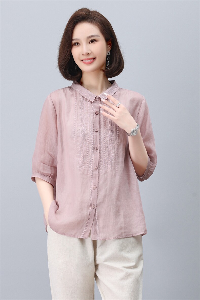 苎麻衬衫女夏季2024新款薄款宽松显瘦七分袖小衫减龄洋气妈妈上衣,女装衬衫,希欧阁