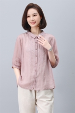 苎麻衬衫女夏季2024新款薄款宽松显瘦七分袖小衫减龄洋气妈妈上衣，女装衬衫，希欧阁