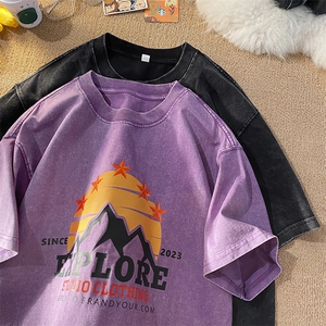 230G水洗短袖夏季雪山印花半袖男做旧复古情侣装T恤宽松INS潮流图片