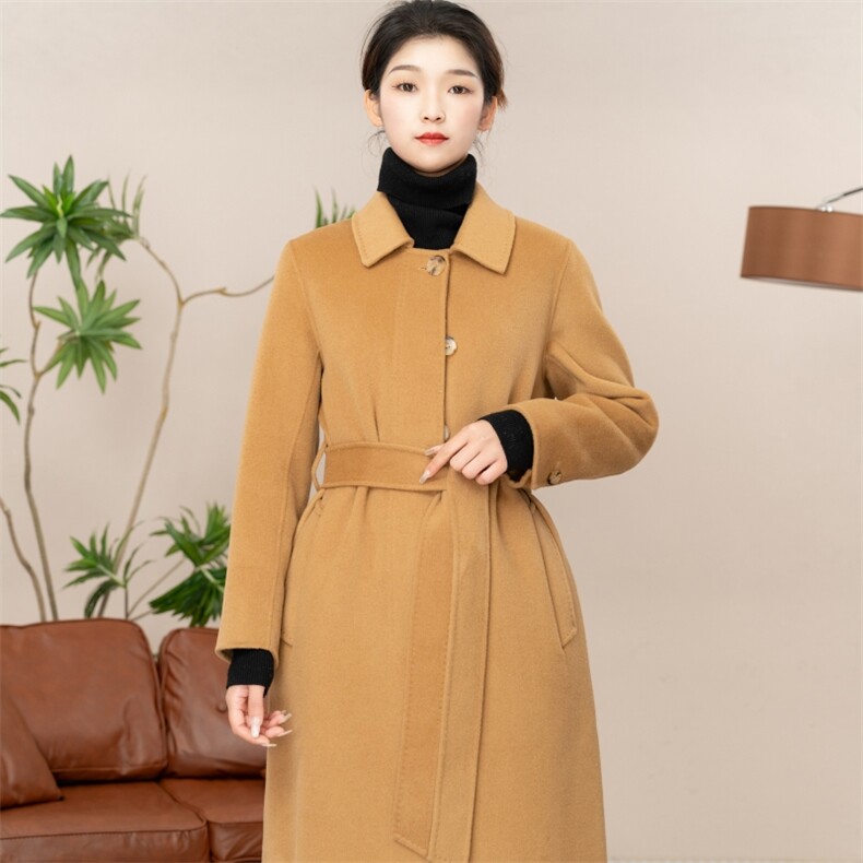 秋冬季羊毛休闲气质通勤简约翻领腰带双面呢大衣长款，女装双面呢大衣，彬斯双面尼