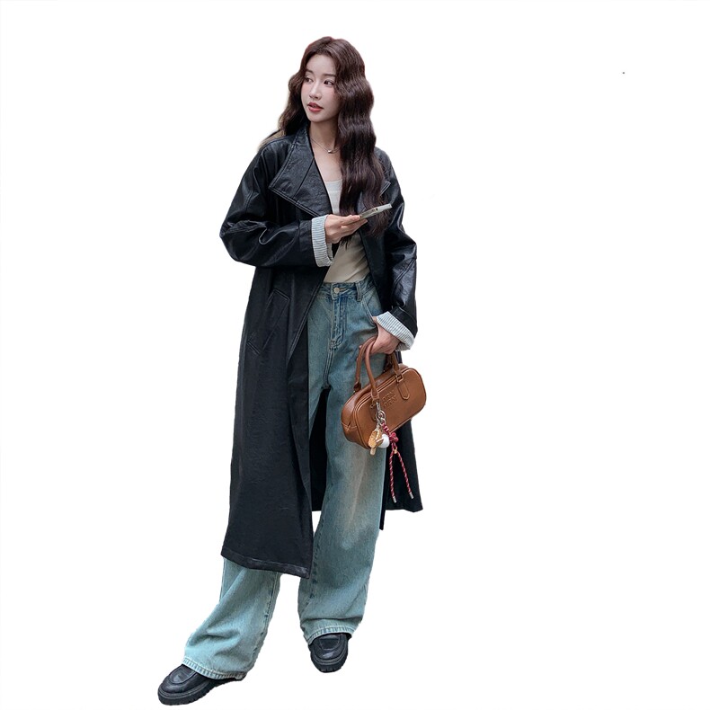 【现货】新款条纹拼接宽松休闲皮衣外套女长款风衣,女装皮衣,2C238