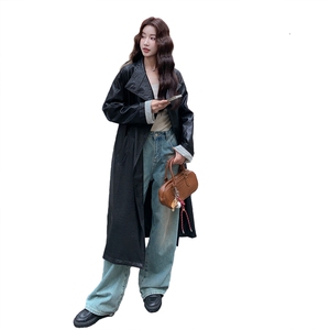 【现货】新款条纹拼接宽松休闲皮衣外套女长款风衣图片