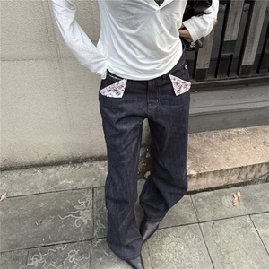现货 碎花赤耳拼接牛仔裤复古纯色简约男女生高街休闲百搭裤子潮图片