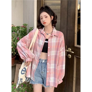 TC674-p45 粉色格子衬衫外套女秋冬2026新款慵懒风长袖衬衣图片