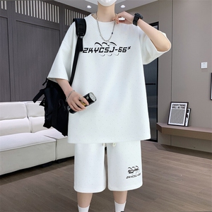 港风套装男宽松菠萝格满天星圆领短袖T恤短裤痞帅套装TZ6628-P50图片