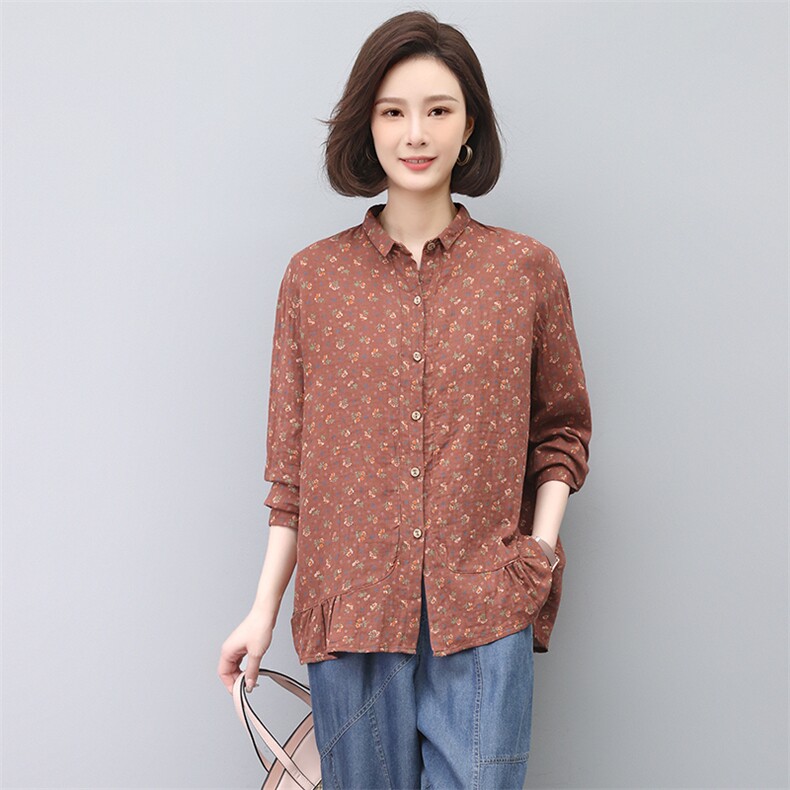 2024春秋季新款纯棉长袖衬衫女妈妈大码宽松洋气减龄碎花衬衣,女装衬衫,忆绮罗