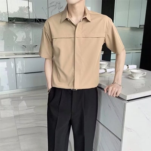 潮流设计感纯色短袖衬衫男女夏季高级感上衣垂感痞帅情侣半袖衬衣图片