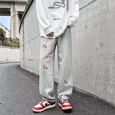 夏季百搭拖地裤美式复古牛仔裤男潮牌刺绣宽松直筒裤K4094-P38，男装牛仔裤，星座512-2