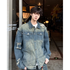 美式复古牛仔外套潮牌水洗做旧破洞设计感宽松夹克男款JK0886-P63图片