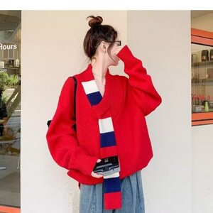 1506-1/MY4191/P56小众设计围巾领红色圣诞毛衣男女冬季情侣装V领