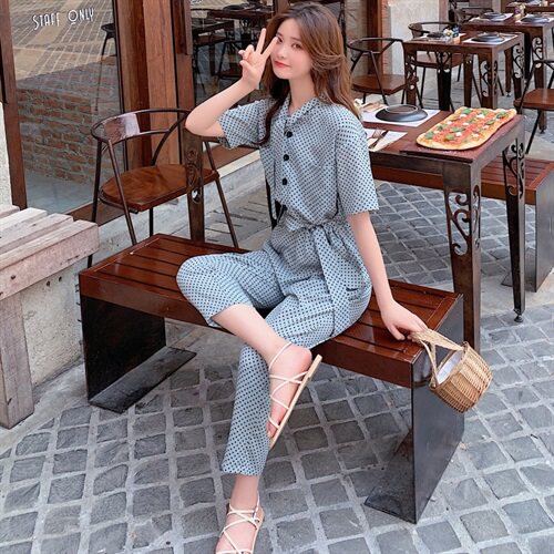 19夏新款波点薄款垂感俏皮系带阔腿连体裤显瘦连衣裤，女装连体裤，卡莱