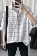 港风格子五分袖衬衫男短袖宽松百搭韩版潮流中袖衬衣CS652-P40，男装T恤，电商B413-1