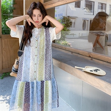 设计感撞色碎花吊带连衣裙套装女2025夏季新款叠穿蕾丝T恤两件套，女装套装/套裙，2C305
