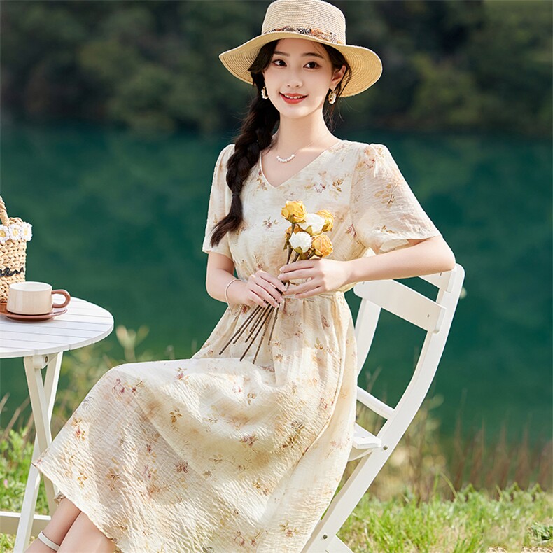 法式碎花天丝连衣裙女夏2025新款收腰RF2C290-5830#-P110-K188,女装连衣裙,蝶眷