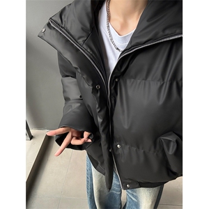 现货5W件冬季三防重磅硬挺boxy短款羽绒立领PU皮棉衣外套加厚棉服图片