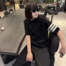 时尚百搭条杠设计感圆领套头针织短袖体恤Q120毛衣-TP78，男装T恤，电商A089-1