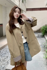 卡其色韩系英伦风格纹拼接风衣外套女2025秋季小个子气质休闲大衣，女装风衣，2C092