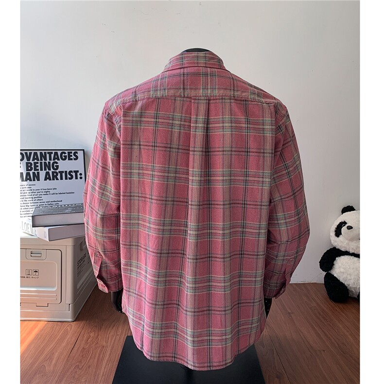 美式复古格子衬衫男设计感衬衣高街休闲百搭情侣外套G1146特P40,男装衬衫,电商A339