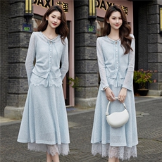 现货2026年春季新款女时尚气质优雅风通用蕾丝拼接两件套装连衣裙，女装套装/套裙，艾贝斯