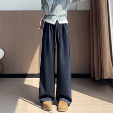 重磅醋酸羊毛针织牛仔蓝休闲裤秋冬垂感直筒显瘦加绒拖地裤，女装休闲裤，云美莎专业女裤-全店现货