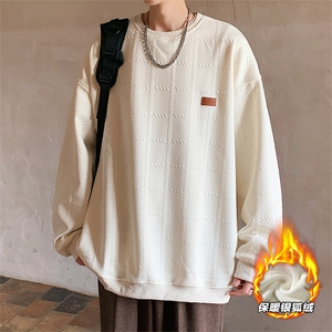 2025冬装圆领加绒卫衣格子大码男纹理提花 W678J/特P35 杏图片