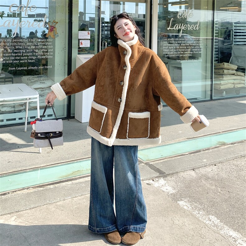 减龄两面穿咖色皮毛一体外套女冬季2025新款羊羔毛小个子加厚棉服,女装羊羔毛/颗粒绒,秀美人生