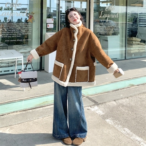 减龄两面穿咖色皮毛一体外套女冬季2025新款羊羔毛小个子加厚棉服图片
