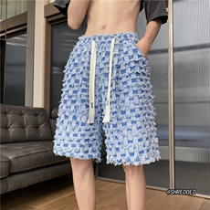 港风夏季新款牛仔裤潮流百搭格子宽松短裤B315-K23331-p50控68，男装牛仔裤，电商B315
