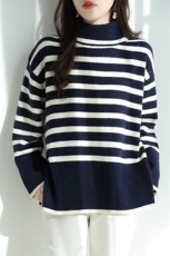 慵懒风气质~宽松条纹针织衫女加厚开叉2025秋冬新款拼色高领毛衣，女装针织衫/毛衣，特麦惠羊绒