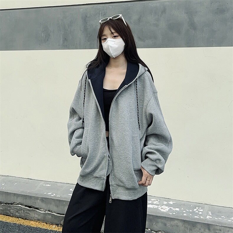 抖音得物二开美式高街重磅结构双层撞色连帽卫衣开衫外套W116图片
