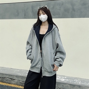 抖音得物二开美式高街重磅结构双层撞色连帽卫衣开衫外套W116图片