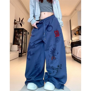 蓝色卡通阔腿裤女2025秋冬季复古显瘦直筒裤子休闲裤子 KW18图片