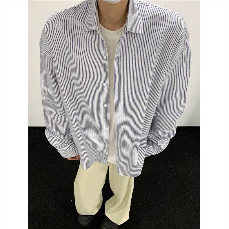 美式黑白条长袖衬衫加厚版本C5889-特P28蓝,男装衬衫,电商A094