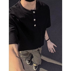 夏季复古华夫格亨利领短袖T恤男女cleanfit宽松情侣百搭休闲上衣，男装T恤，星座506A