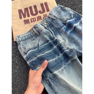 1506/QS41390/P50美式复古闪电纹斜切纹显瘦设计感个性百搭牛仔裤图片