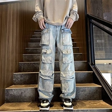 美式高街牛仔裤男韩版潮流痞帅多口袋2024冬季ins长裤RK1286-P63，男装牛仔裤，星座412-2