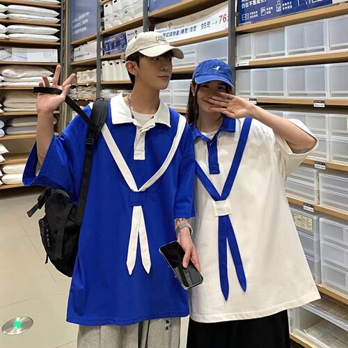 polo衫男短袖t恤宽松半袖ins原宿学生拼色翻领五分袖上衣T535P35，男装Polo衫，星座1116-2
