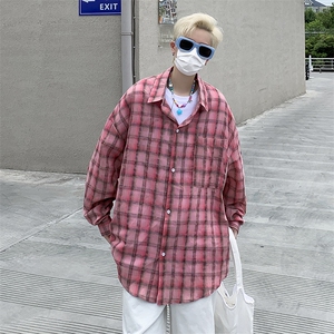 格子衬衫男女款ins潮牌宽松痞帅长袖衬衣帅气春秋外套C08013-P45图片