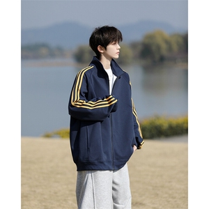 8XL-M三条杠运动卫衣特大码美式条纹立领夹克开衫外套JK5205/P65图片