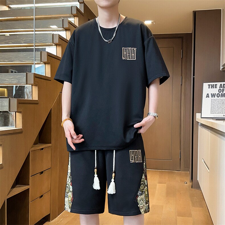 刺绣夏季休闲运动套装男T恤短裤两件套拼接青年A266-TZ7758-P48图片