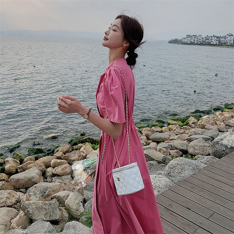 法式粉色连衣裙女2025夏季新款气质女神范收腰显瘦温柔风茶歇长裙图片