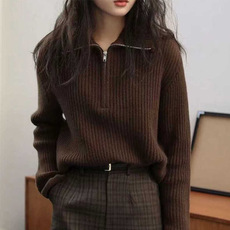 欧洲站气质半拉链翻领针织衫女秋冬宽松厚款POLO领毛衣羊毛衫，女装羊毛衫，思途羊绒
