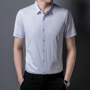 2023夏季新款男装短袖衬衫男中年冰丝高端商务休闲免烫衫衬衣图片