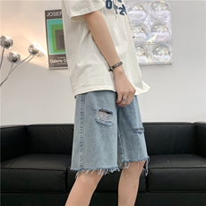 夏季薄款破洞牛仔短裤宽松毛边五分裤ins潮牌休闲YM533P35，男装牛仔裤，星座1013-1